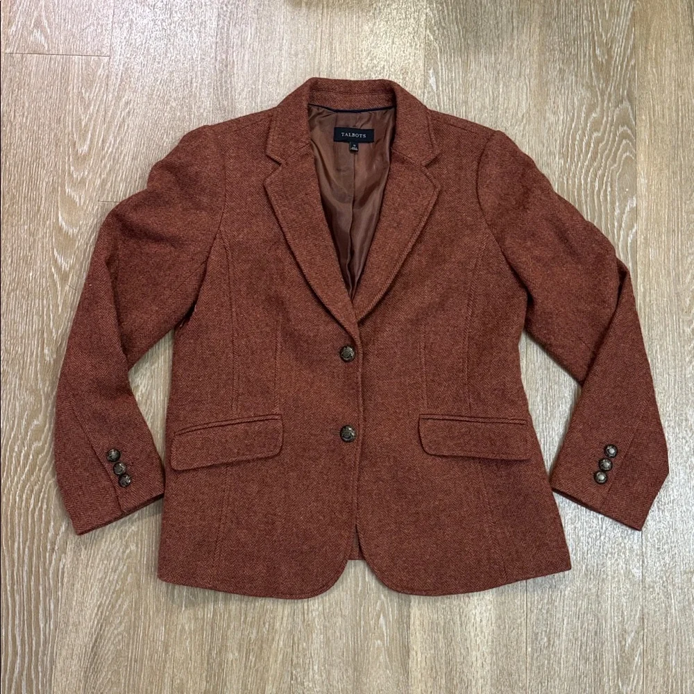 Talbots Classic Shetland Herringbone Wool Blend Blazer Rust Brown Size 12